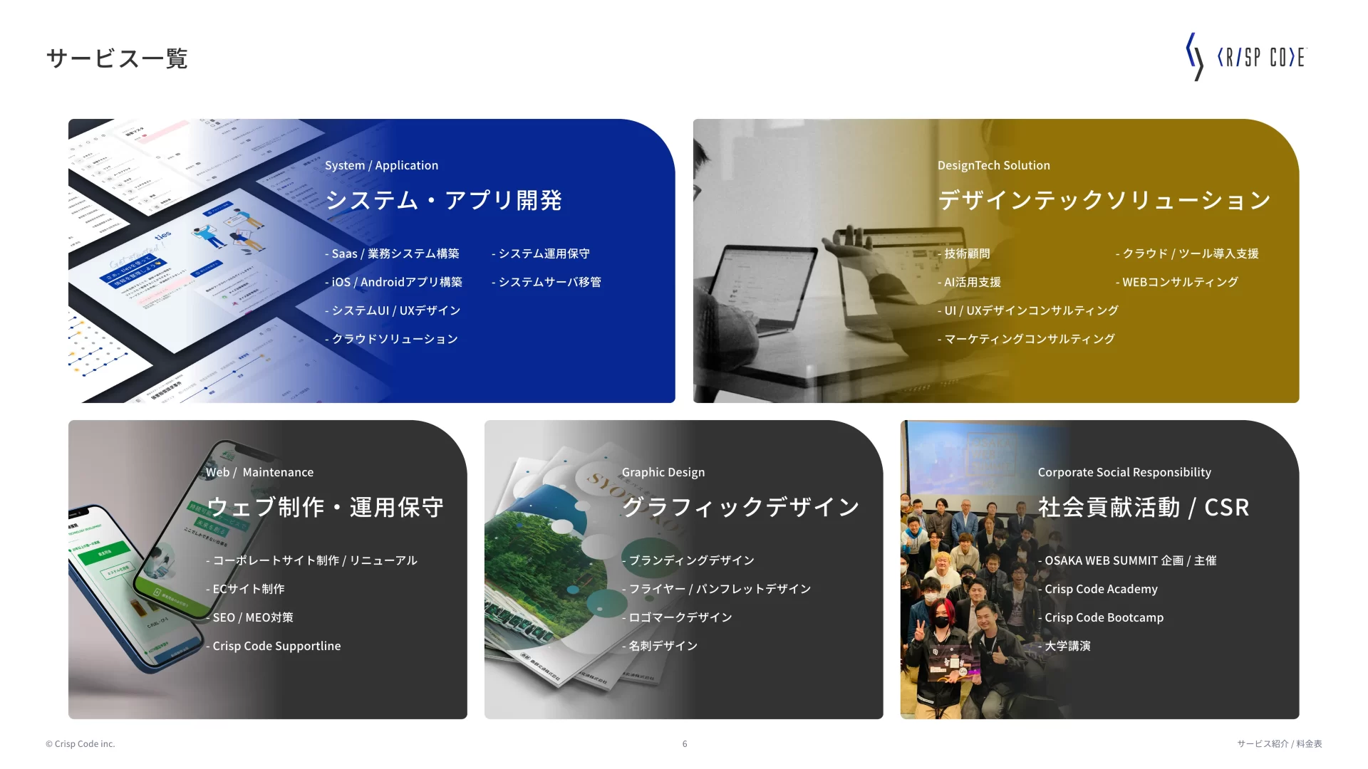 Crisp Code inc.|サービス紹介資料 サービス概要のスライドデザイン