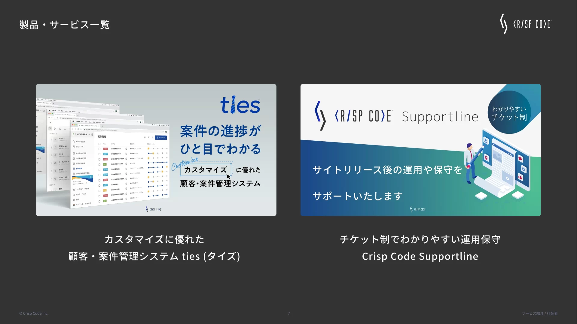 Crisp Code inc.|サービス紹介資料 プロダクト一覧のスライドデザイン