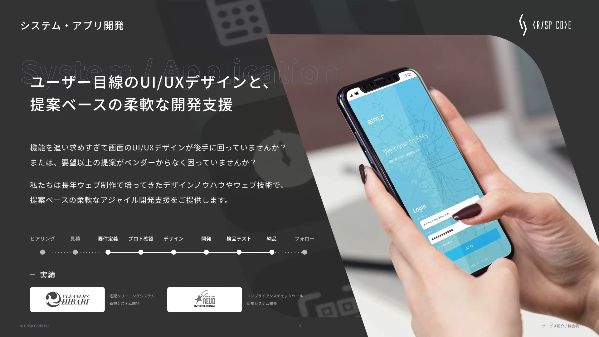 Crisp Code inc.|サービス紹介資料 サービス概要のスライドデザイン