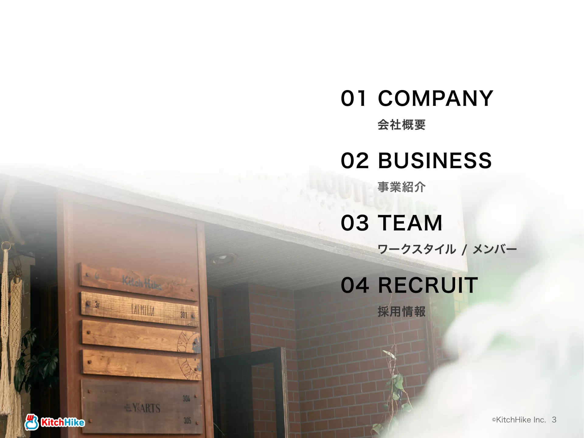 KitchHike｜COMPANY DECK 目次のスライドデザイン