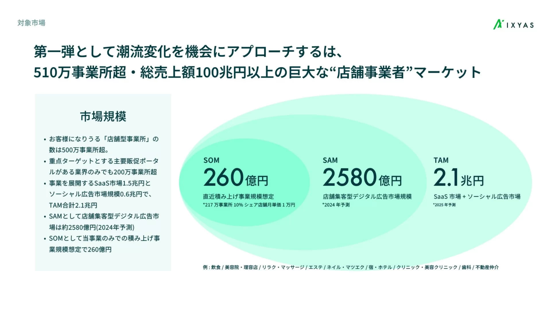 イクシアス株式会社　会社紹介資料 対象市場のスライドデザイン