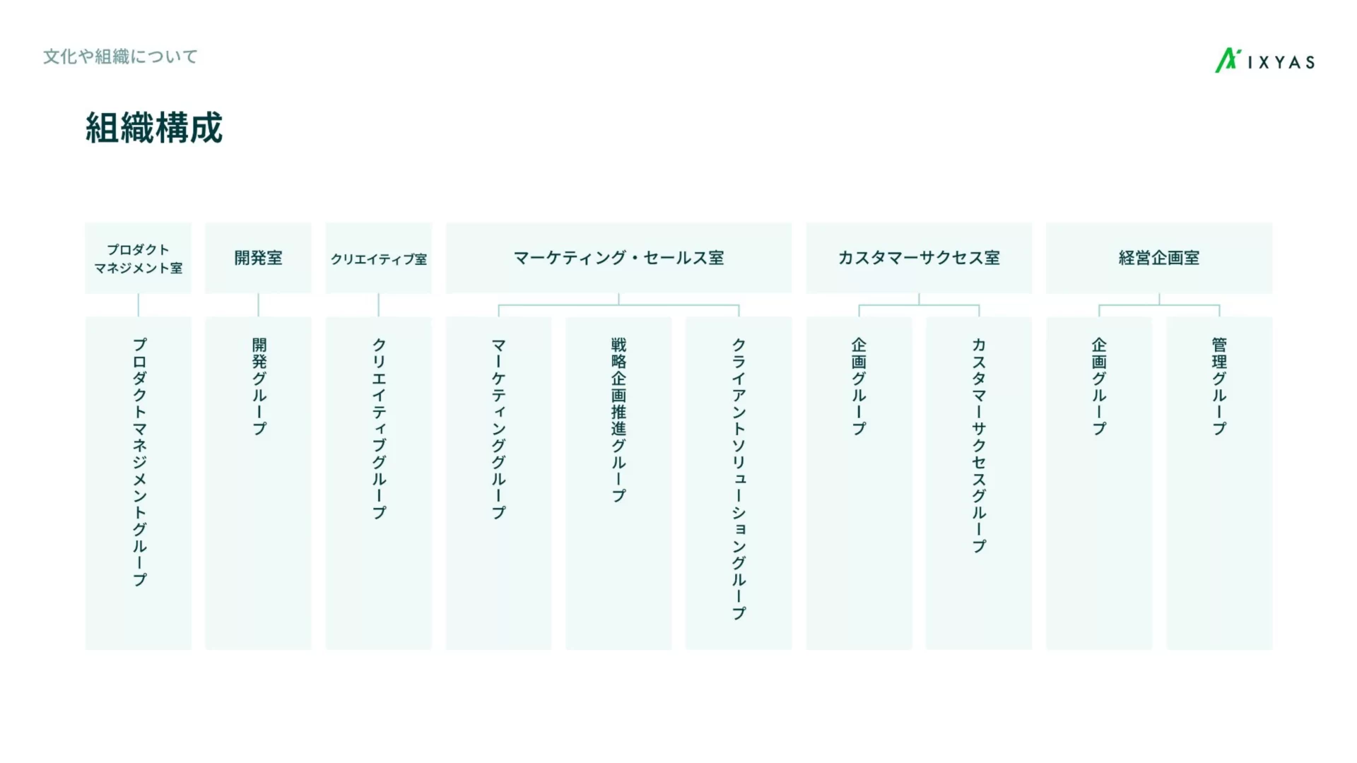 イクシアス株式会社　会社紹介資料 組織図のスライドデザイン