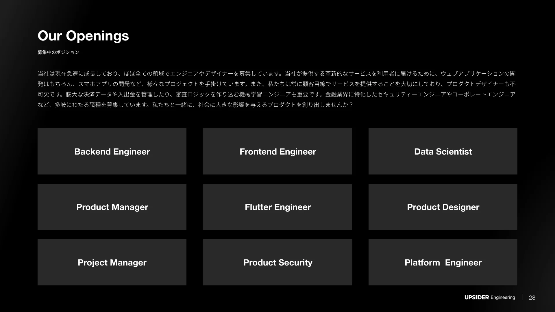 UPSIDER Engineering Deck WE ARE HIRINGのスライドデザイン