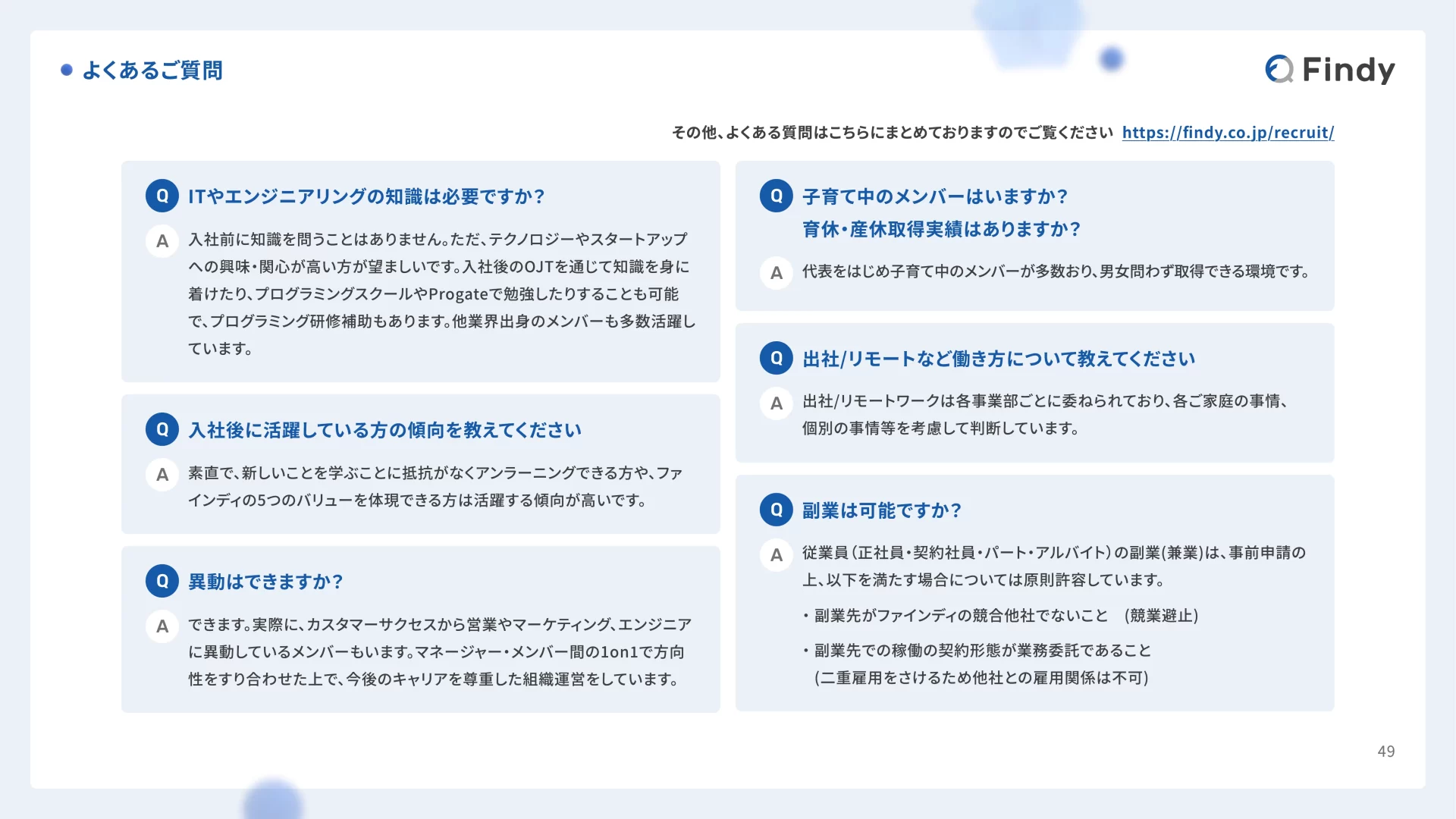 Findy Company Profile,ファインディ株式会社,よくある質問,会社紹介資料,水色,箇条書き,青,Findy Company Profile よくある質問のスライドデザイン
